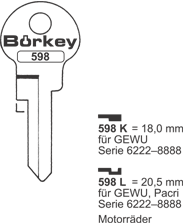 Afbeelding van Borkey 598L Cilindersleutel voor GEWU 6 STIF.