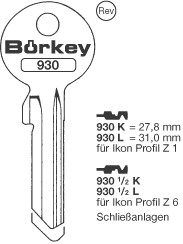 Afbeelding van Borkey 930½L Cilindersleutel voor  Z.I. Z6 VSA NS