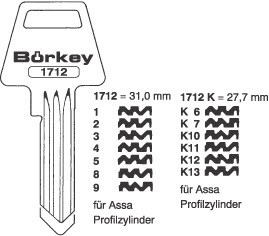 Afbeelding van Borkey 1712k/12 Cilindersleutel voor ASSA