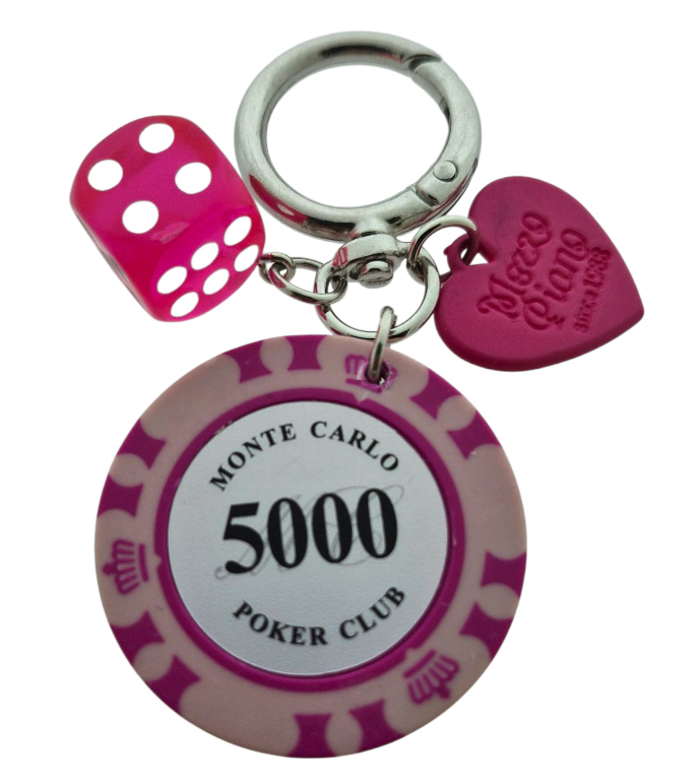 Afbeelding van Sleutelhanger Pokerchip roze met dobbelsteen en hartje (5 stuks)