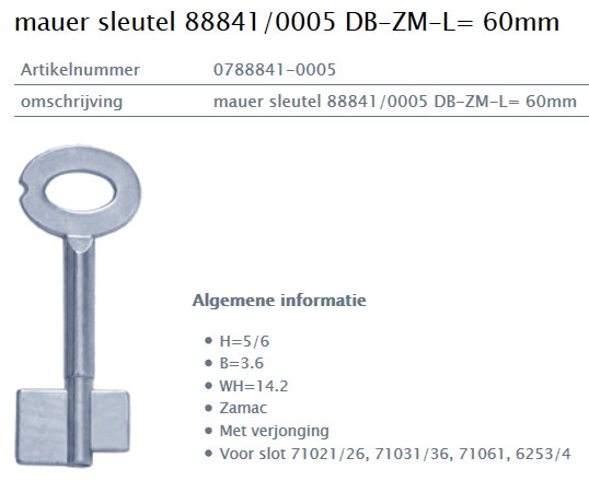 Afbeelding van MAUER dubbelbaardsleutel 0788841-0005 L= 60mm