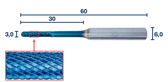 Afbeelding van Hardmetaal frees BLUE TEC 60mm lang 3mm dik voor milwaukee