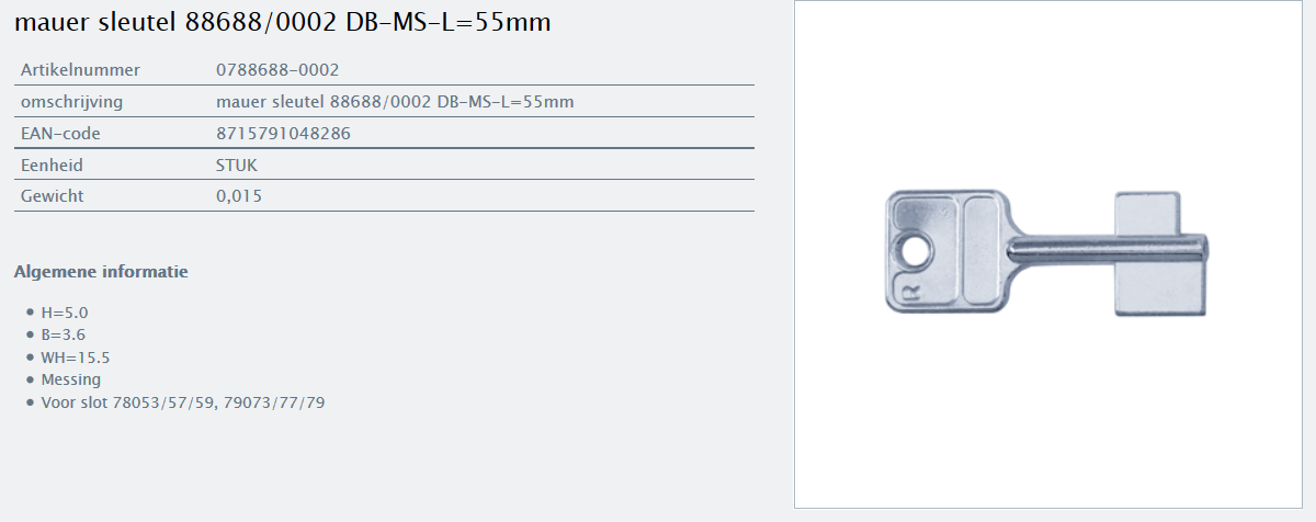 Afbeelding van MAUER dubbelbaardsleutel 0788688-0002 L= 55mm