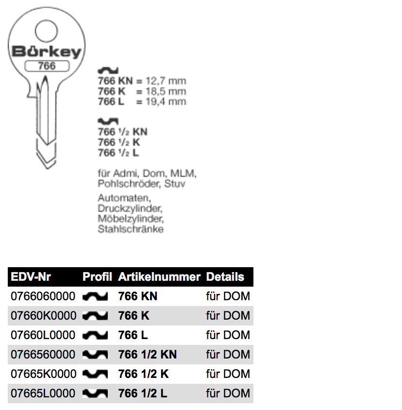 Afbeelding van Borkey 766½L Cilindersleutel voor STUV, DOM ETC
