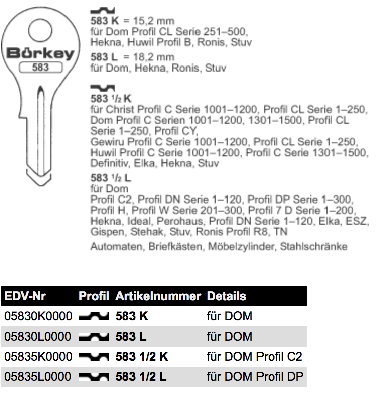 Afbeelding van Borkey 583½L Cilindersleutel voor STUV DOM ETC
