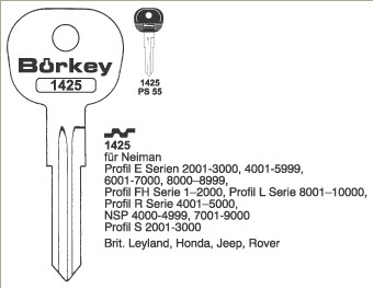 Afbeelding van Borkey 1425 Cilindersleutel voor NEIMAN, ROVER