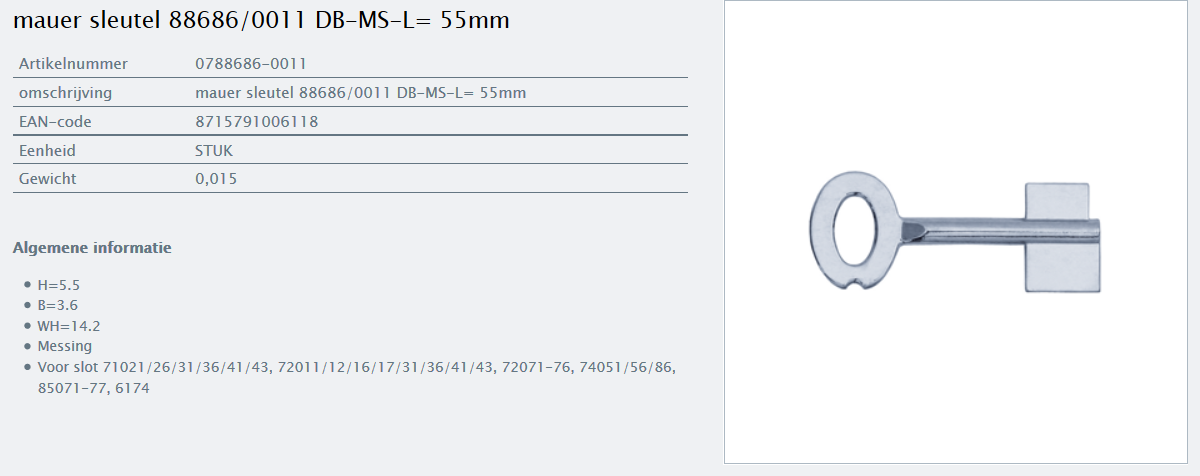 Afbeelding van MAUER dubbelbaardsleutel 0788686-0011 L= 55mm