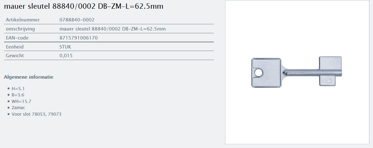Afbeelding van MAUER dubbelbaardsleutel 0788840-0002 L=62.5mm