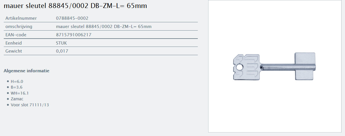 Afbeelding van MAUER dubbelbaardsleutel 0788845-0002 L= 65mm